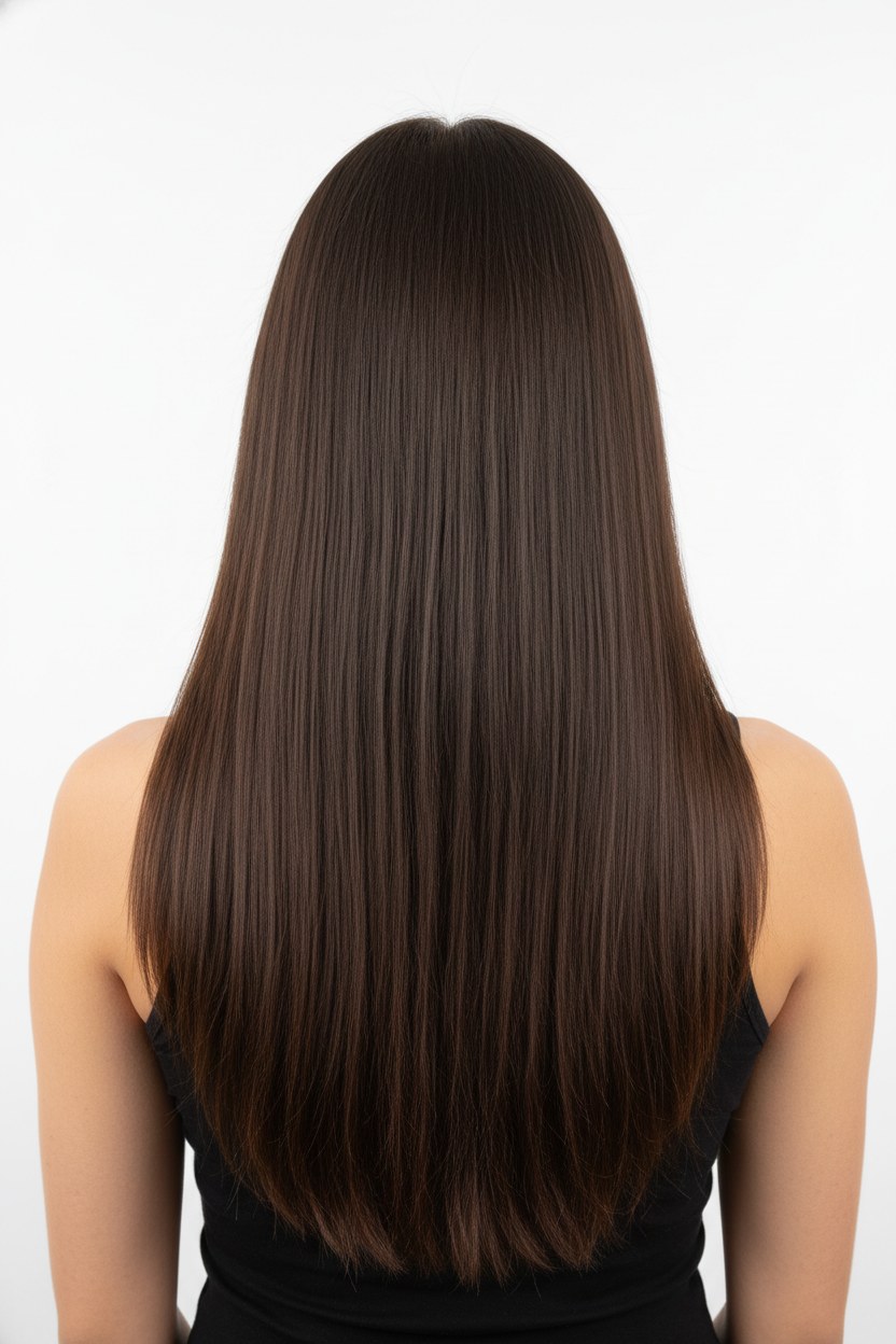 Balayage öncesi — düz koyu kahve saç
